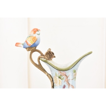 Porcelanowa Karafka - Okuta Brązem Brąz - Kwiaty i Ptaki - Sygnowana