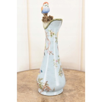 Porcelanowa Karafka - Okuta Brązem Brąz - Kwiaty i Ptaki - Sygnowana