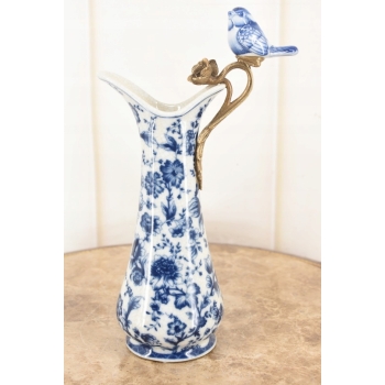 Porcelanowa Karafka - Okuta Brązem Brąz - Kwiaty i Ptaki - Sygnowana