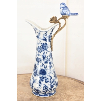 Porcelanowa Karafka - Okuta Brązem Brąz - Kwiaty i Ptaki - Sygnowana