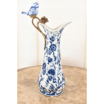 Porcelanowa Karafka - Okuta Brązem Brąz - Kwiaty i Ptaki - Sygnowana