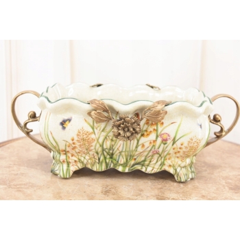 Porcelanowa Patera Secesja - Biała Misa - Kwiaty - Porcelana + Brąz