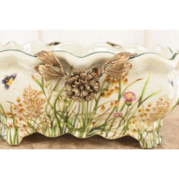 Porcelanowa Patera Secesja - Biała Misa - Kwiaty - Porcelana + Brąz