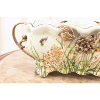 Porcelanowa Patera Secesja - Biała Misa - Kwiaty - Porcelana + Brąz