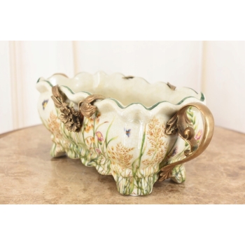 Porcelanowa Patera Secesja - Biała Misa - Kwiaty - Porcelana + Brąz