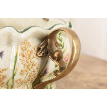 Porcelanowa Patera Secesja - Biała Misa - Kwiaty - Porcelana + Brąz