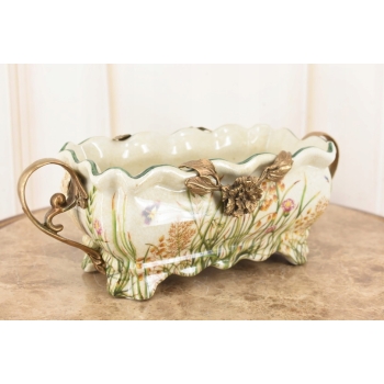 Porcelanowa Patera Secesja - Biała Misa - Kwiaty - Porcelana + Brąz