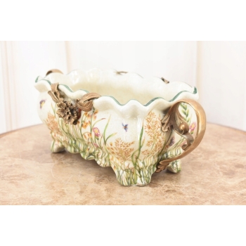 Porcelanowa Patera Secesja - Biała Misa - Kwiaty - Porcelana + Brąz