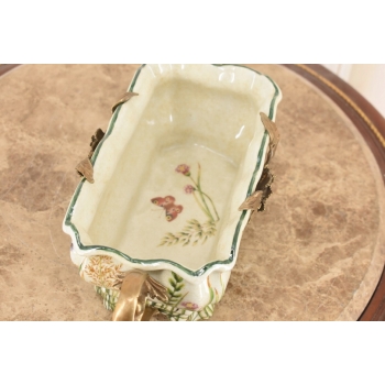 Porcelanowa Patera Secesja - Biała Misa - Kwiaty - Porcelana + Brąz