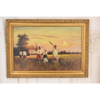 Józef Chełmoński Pejzaż Polskiej Wsi Żniwa - Żniwiarze - Stary Obraz Olejny