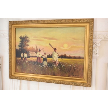 Józef Chełmoński Pejzaż Polskiej Wsi Żniwa - Żniwiarze - Stary Obraz Olejny