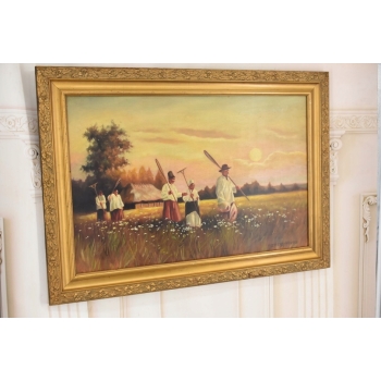 Józef Chełmoński Pejzaż Polskiej Wsi Żniwa - Żniwiarze - Stary Obraz Olejny