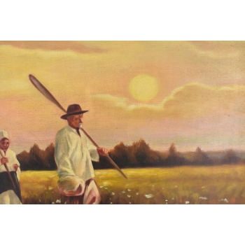 Józef Chełmoński Pejzaż Polskiej Wsi Żniwa - Żniwiarze - Stary Obraz Olejny