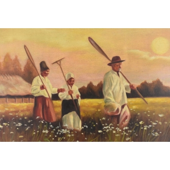 Józef Chełmoński Pejzaż Polskiej Wsi Żniwa - Żniwiarze - Stary Obraz Olejny