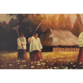 Józef Chełmoński Pejzaż Polskiej Wsi Żniwa - Żniwiarze - Stary Obraz Olejny