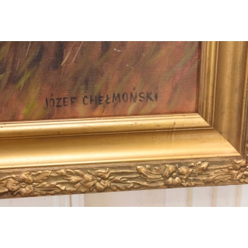 Józef Chełmoński Pejzaż Polskiej Wsi Żniwa - Żniwiarze - Stary Obraz Olejny