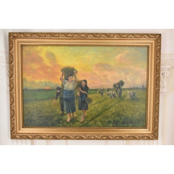 Józef Chełmoński Pejzaż Polskiej Wsi Żniwa - Żniwiarze - Stary Obraz Olejny