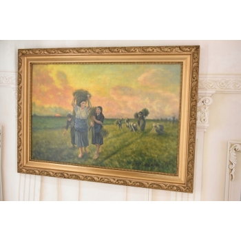 Józef Chełmoński Pejzaż Polskiej Wsi Żniwa - Żniwiarze - Stary Obraz Olejny