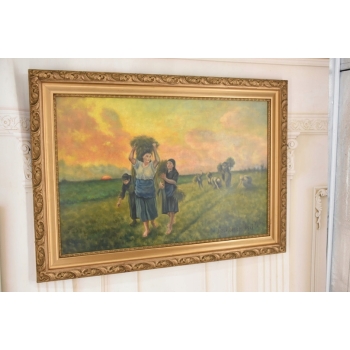 Józef Chełmoński Pejzaż Polskiej Wsi Żniwa - Żniwiarze - Stary Obraz Olejny