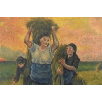 Józef Chełmoński Pejzaż Polskiej Wsi Żniwa - Żniwiarze - Stary Obraz Olejny