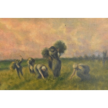 Józef Chełmoński Pejzaż Polskiej Wsi Żniwa - Żniwiarze - Stary Obraz Olejny