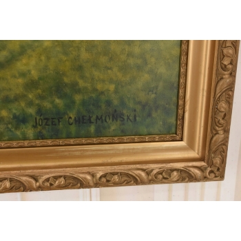 Józef Chełmoński Pejzaż Polskiej Wsi Żniwa - Żniwiarze - Stary Obraz Olejny