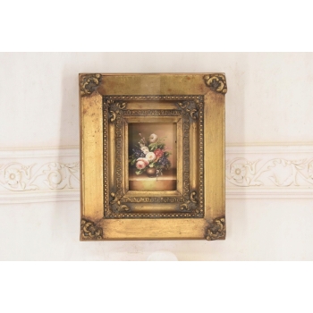 Kolorowe Kwiaty w Wazonie - Martwa Natura Obraz Olejny Złota Zdobiona Rama