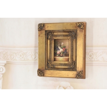 Kolorowe Kwiaty w Wazonie - Martwa Natura Obraz Olejny Złota Zdobiona Rama