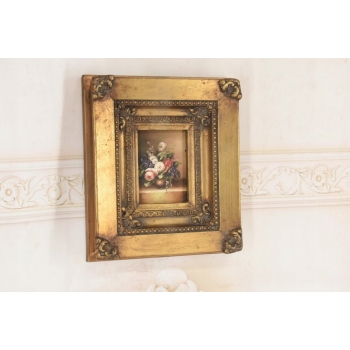 Kolorowe Kwiaty w Wazonie - Martwa Natura Obraz Olejny Złota Zdobiona Rama