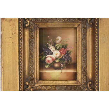 Kolorowe Kwiaty w Wazonie - Martwa Natura Obraz Olejny Złota Zdobiona Rama