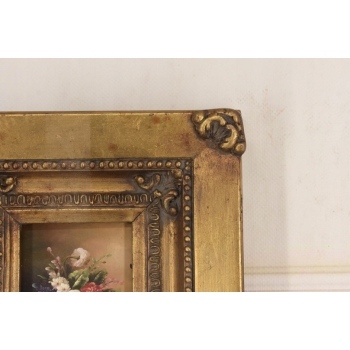 Kolorowe Kwiaty w Wazonie - Martwa Natura Obraz Olejny Złota Zdobiona Rama