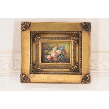 Kolorowe Kwiaty w Wazonie - Martwa Natura Obraz Olejny Złota Zdobiona Rama