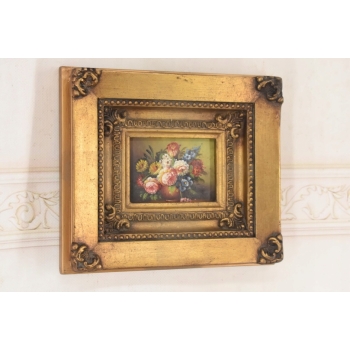 Kolorowe Kwiaty w Wazonie - Martwa Natura Obraz Olejny Złota Zdobiona Rama