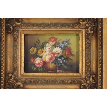 Kolorowe Kwiaty w Wazonie - Martwa Natura Obraz Olejny Złota Zdobiona Rama