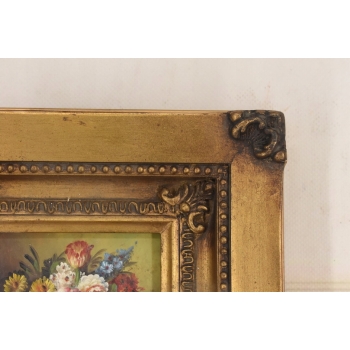 Kolorowe Kwiaty w Wazonie - Martwa Natura Obraz Olejny Złota Zdobiona Rama