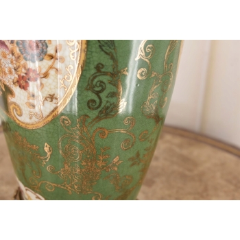 Porcelanowy Zielony Wazon - Kwiaty Ornamenty Styl Secesja Porcelana + Brąz