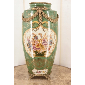 Porcelanowy Zielony Wazon - Kwiaty Ornamenty Styl Secesja Porcelana + Brąz