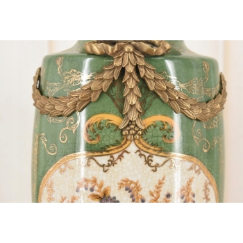 Porcelanowy Zielony Wazon - Kwiaty Ornamenty Styl Secesja Porcelana + Brąz