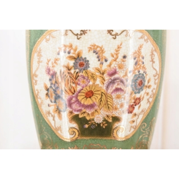 Porcelanowy Zielony Wazon - Kwiaty Ornamenty Styl Secesja Porcelana + Brąz