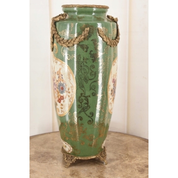 Porcelanowy Zielony Wazon - Kwiaty Ornamenty Styl Secesja Porcelana + Brąz