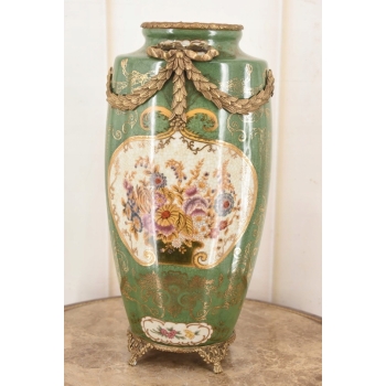 Porcelanowy Zielony Wazon - Kwiaty Ornamenty Styl Secesja Porcelana + Brąz
