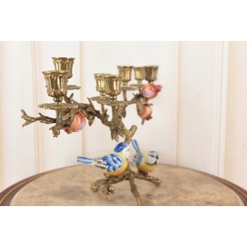 Świecznik Ptaszki - Porcelana + Brąz - Kolorowe Ptaki Dekoracja 7 ramienny
