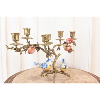 Świecznik Ptaszki - Porcelana + Brąz - Kolorowe Ptaki Dekoracja 7 ramienny
