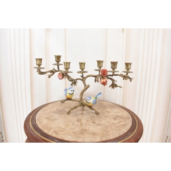 Świecznik Ptaszki - Porcelana + Brąz - Kolorowe Ptaki Dekoracja 7 ramienny