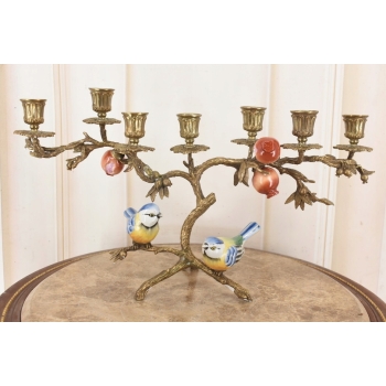 Świecznik Ptaszki - Porcelana + Brąz - Kolorowe Ptaki Dekoracja 7 ramienny