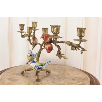 Świecznik Ptaszki - Porcelana + Brąz - Kolorowe Ptaki Dekoracja 7 ramienny