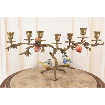 Świecznik Ptaszki - Porcelana + Brąz - Kolorowe Ptaki Dekoracja 7 ramienny