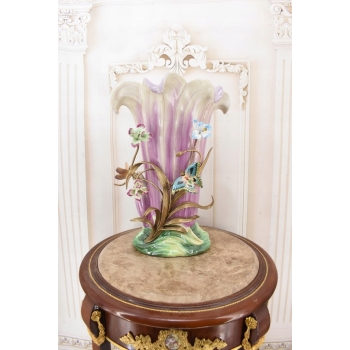 Porcelanowy Fioletowy Wazon + Ważki Motyle Kwiaty z Brązu Okuty Brązem