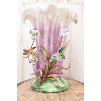 Porcelanowy Fioletowy Wazon + Ważki Motyle Kwiaty z Brązu Okuty Brązem