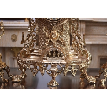 Zegar Kominkowy + 2 Kandelabry Świeczniki - Mosiądz + Marmur - Zestaw